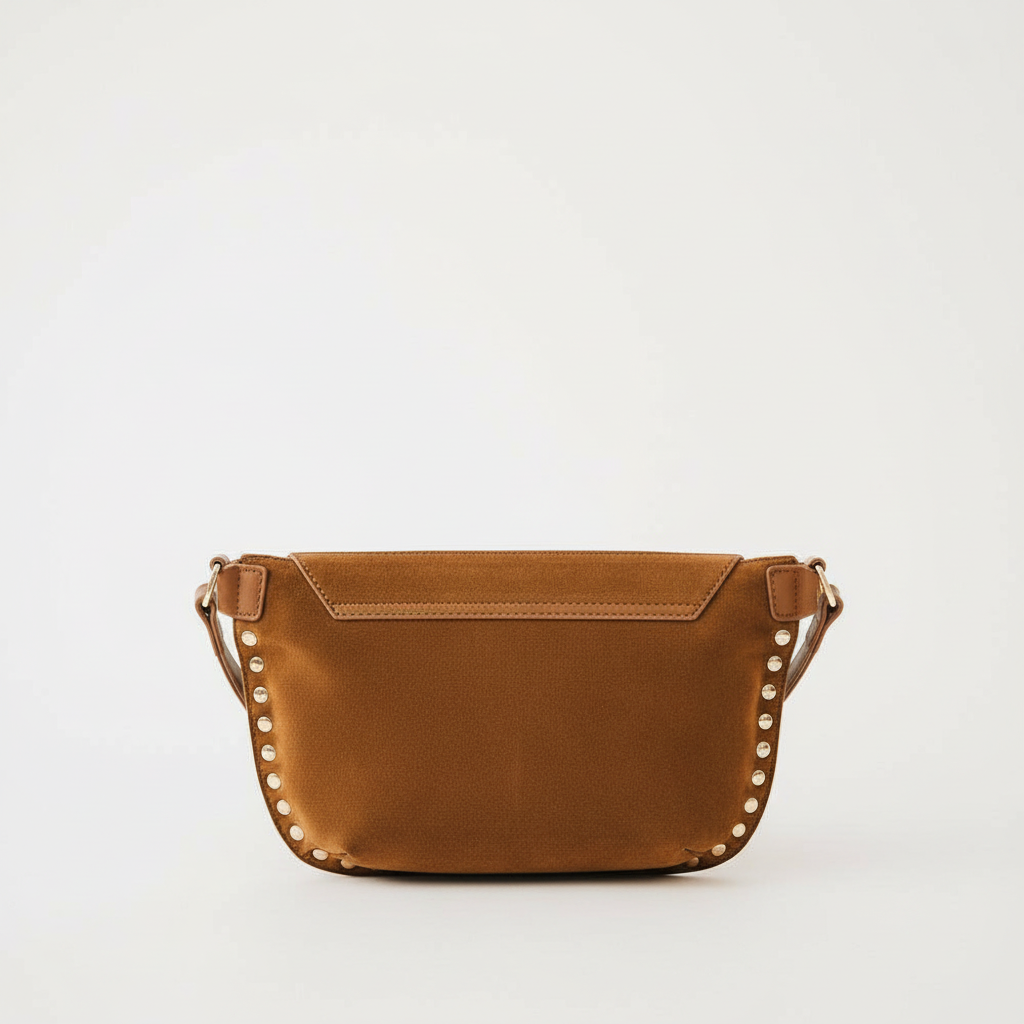 Annie Ks Boutique camel vegan suede bum bag with gold rivet studs, shown from the back against a plain background.