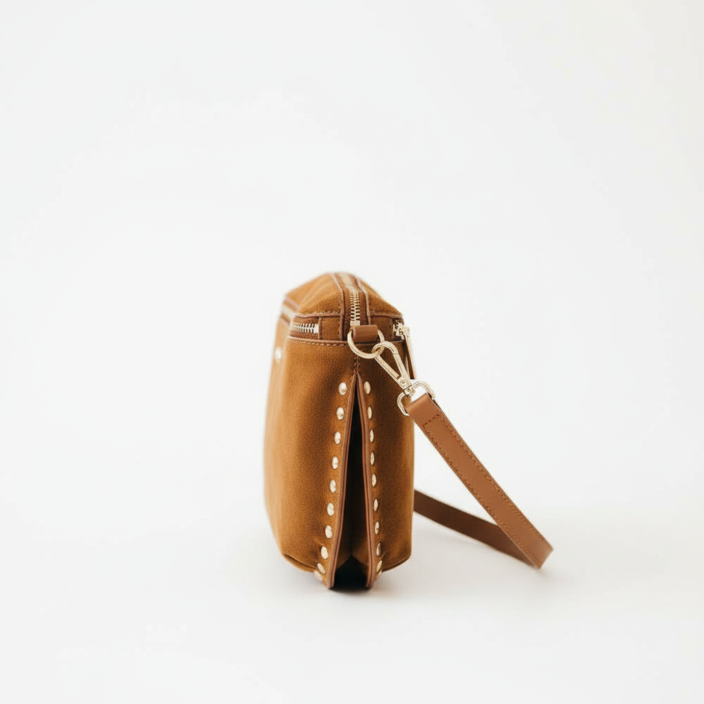 Annie Ks Boutique Sabrina camel vegan suede bum bag with gold rivet studs, shown from a side profile view.