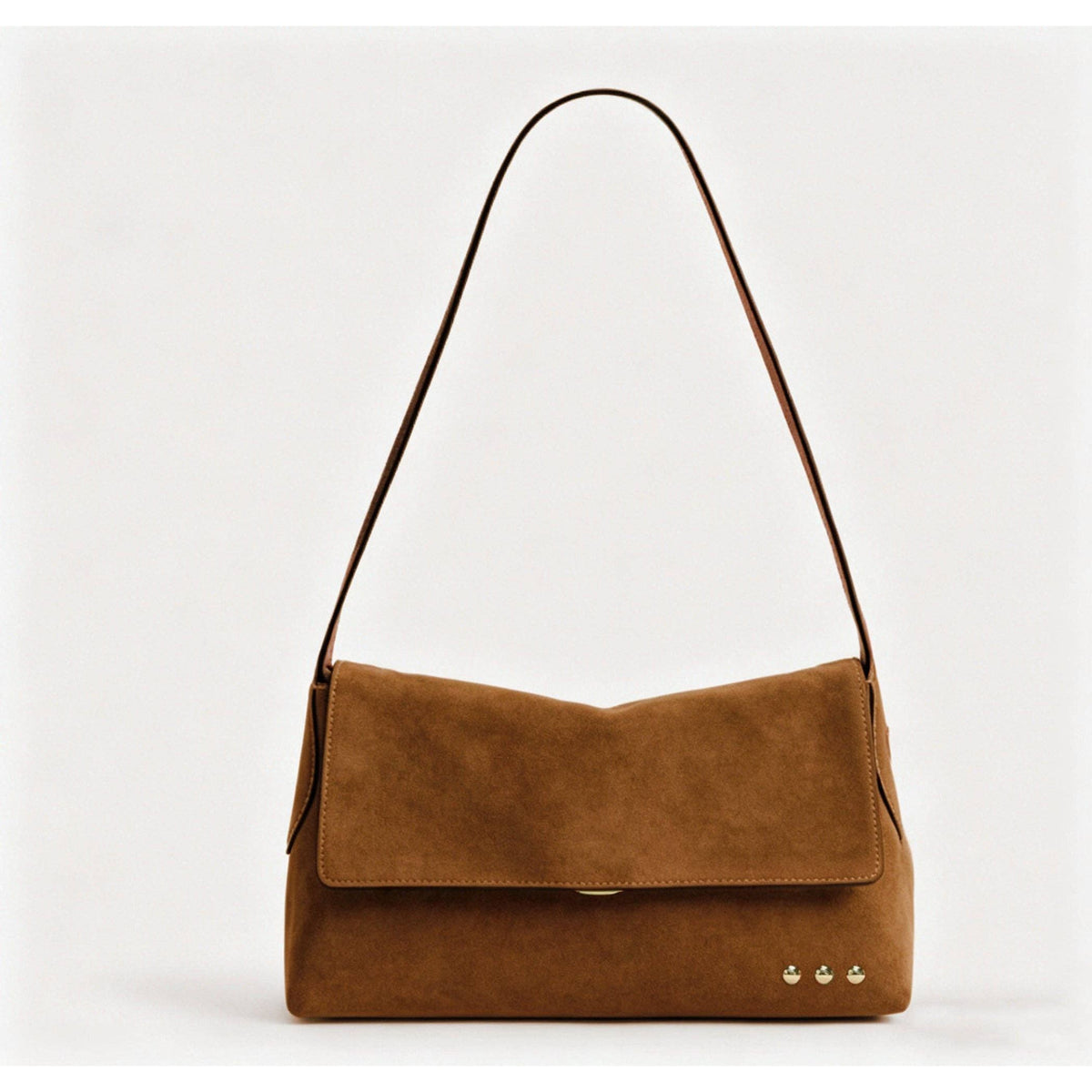Annie Ks Boutique Miranda camel faux suede crossbody bag with a fold-over flap and decorative metal studs.