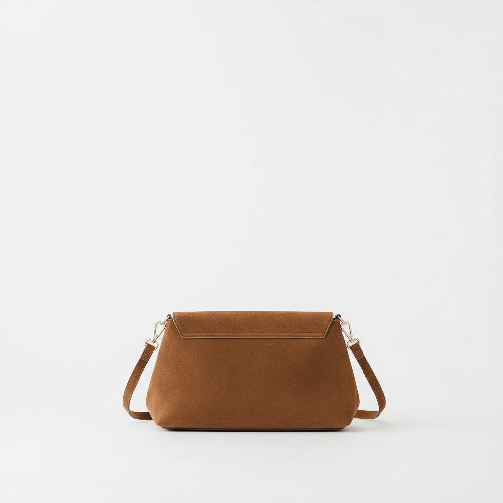 Annie Ks Boutique Miranda camel faux suede crossbody bag with a secure flap closure and adjustable strap