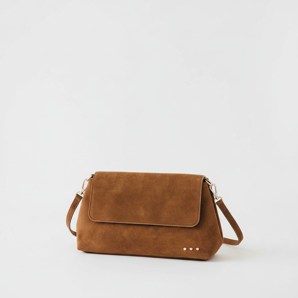 Annie Ks Boutique Miranda camel faux suede crossbody bag with a flap closure and adjustable strap on white background