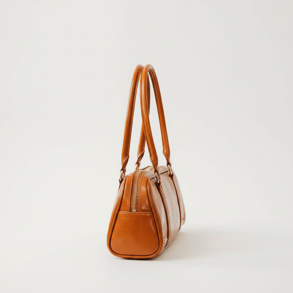 Annie Ks Boutique Arlys barrel shoulder bag in caramel vegan leather with top handles, side view