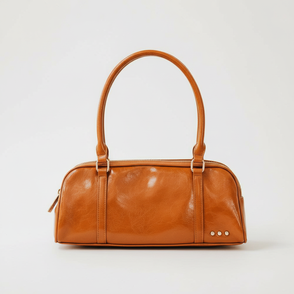 Annie Ks Boutique Arlys barrel shoulder bag in caramel vegan leather with a top handle and gold stud detail