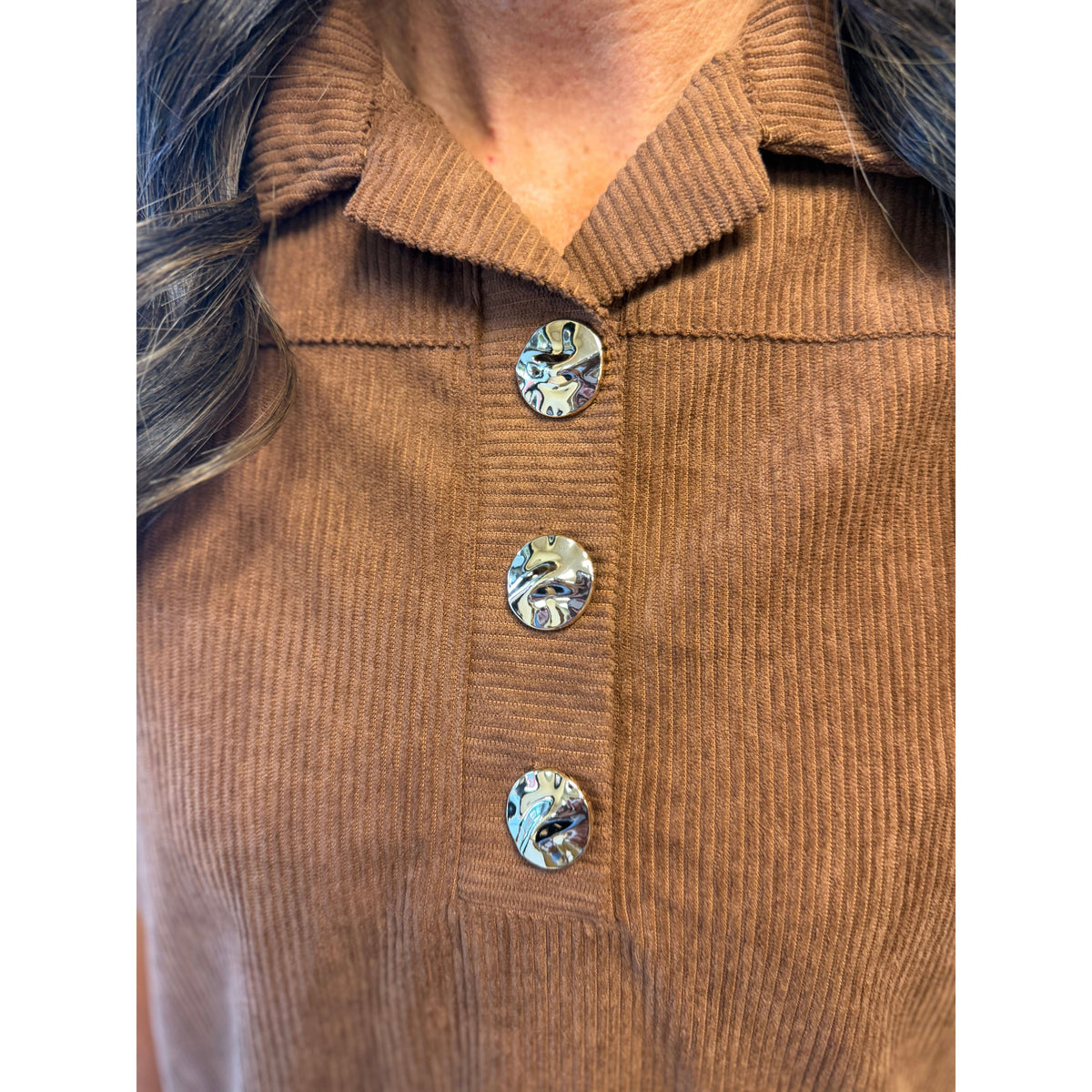 Annie Ks Boutique caramel corduroy mini dress featuring a collared neckline and polished gold button details