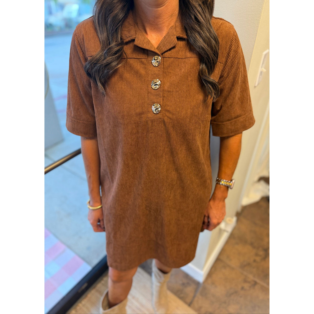 Annie Ks Boutique caramel corduroy mini dress with a collared neckline and polished gold button details