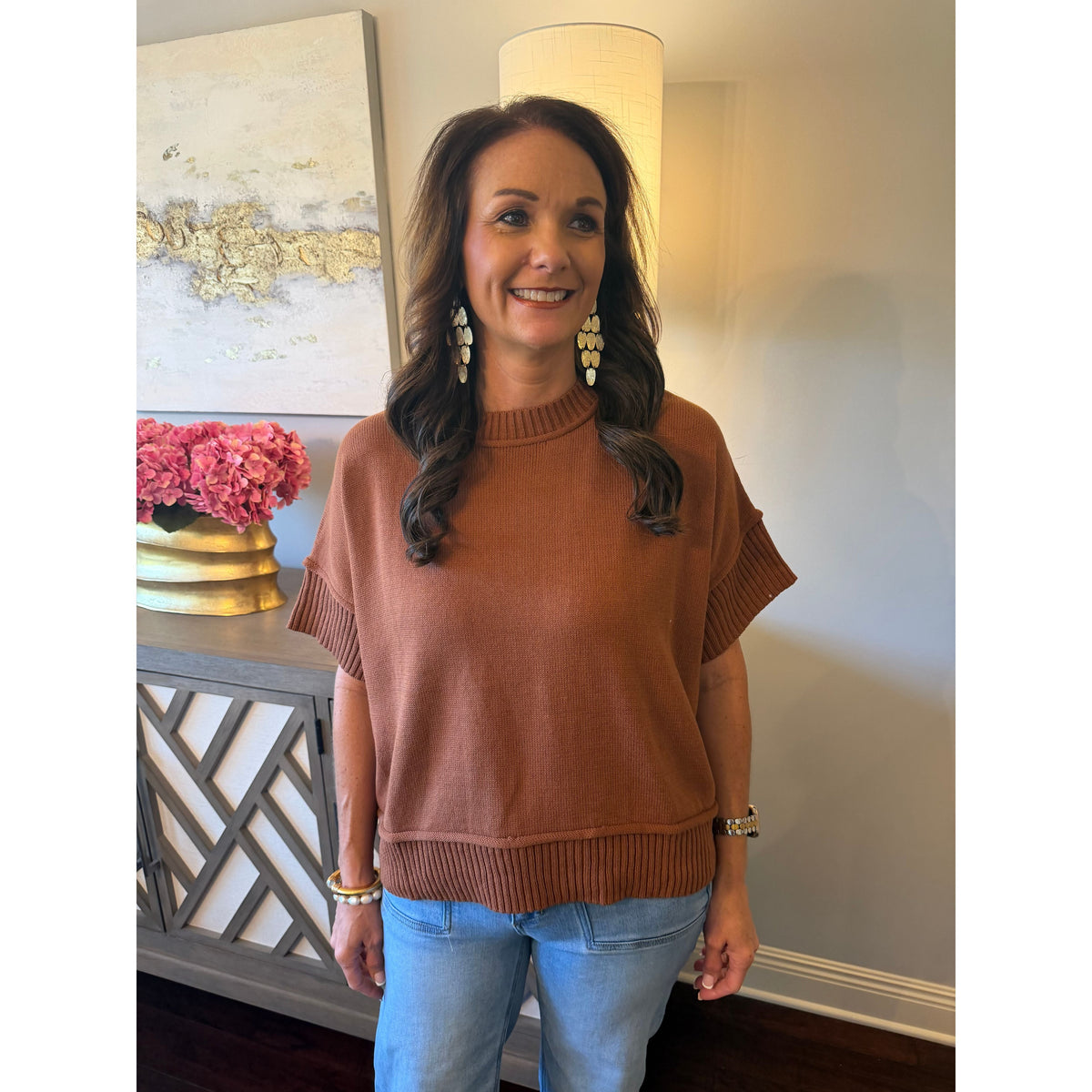 Annie Ks Boutique caramel knit sweater with crew neck and drop-shoulder half sleeves worn with blue jeans