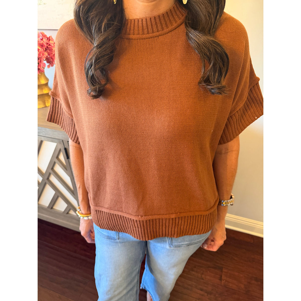 Annie Ks Boutique caramel crew neck sweater with drop-shoulder half sleeves in a soft cotton blend knit