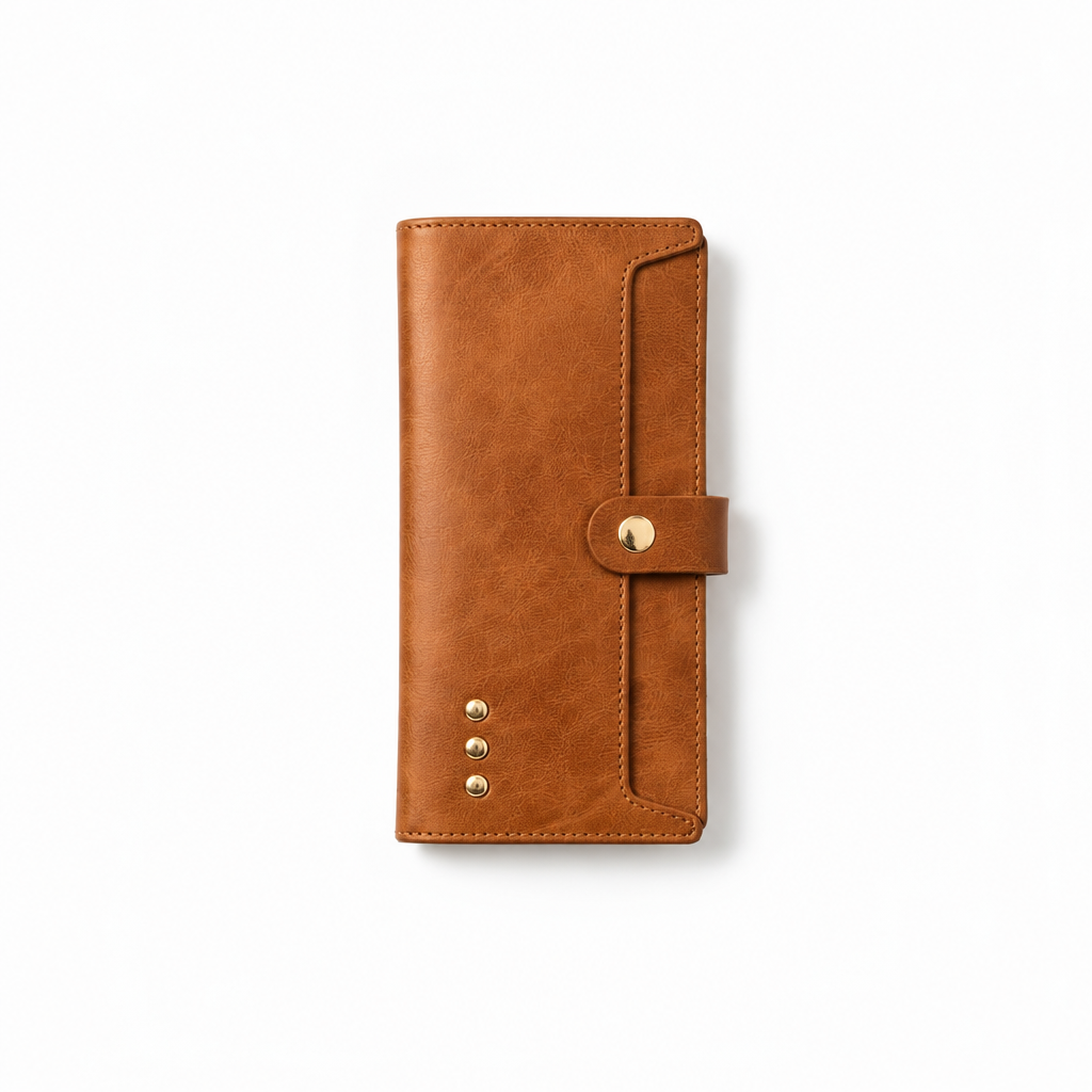 Annie Ks Boutique Essentials Carryall wallets in cream and brown with gold stud accents and snap closures.