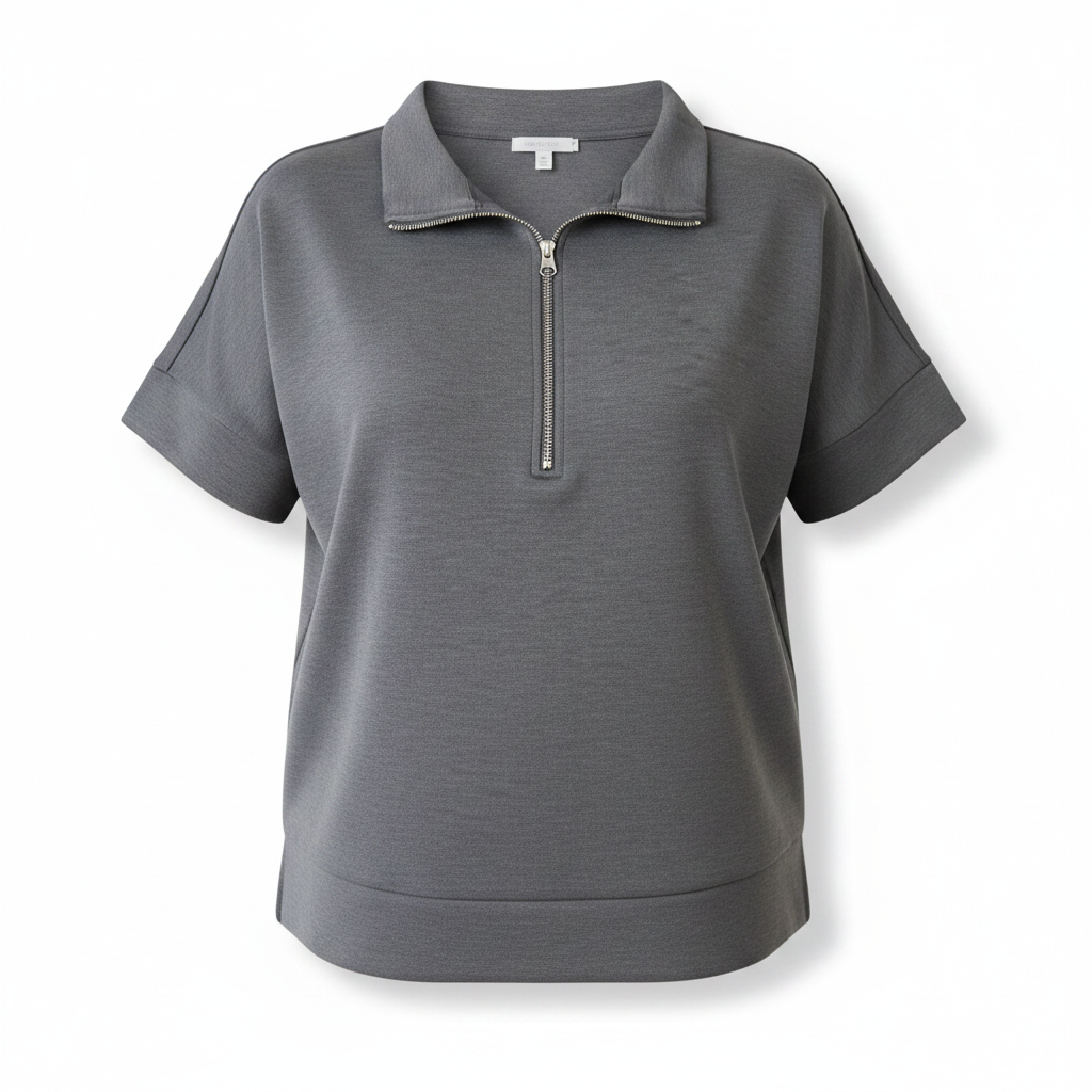 Annie Ks Boutique charcoal scuba knit half-zip top with a collared neckline and short sleeves.