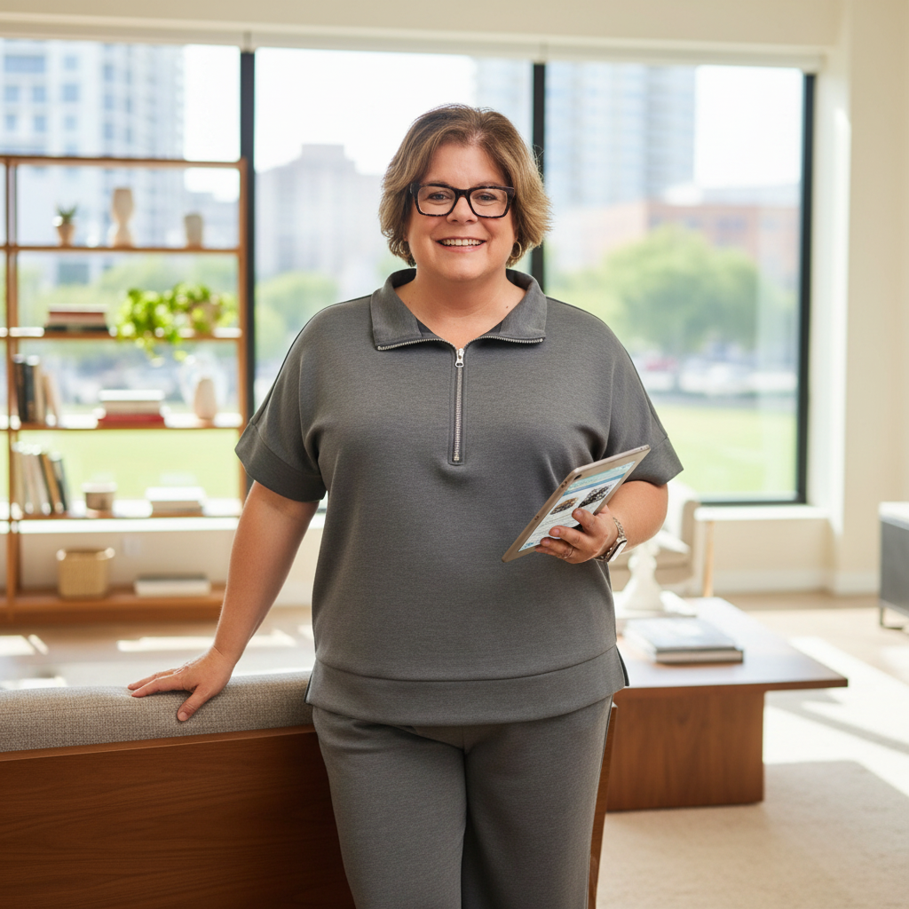 Annie Ks Boutique plus size charcoal scuba knit half-zip top and pants set worn by a smiling woman in an office.