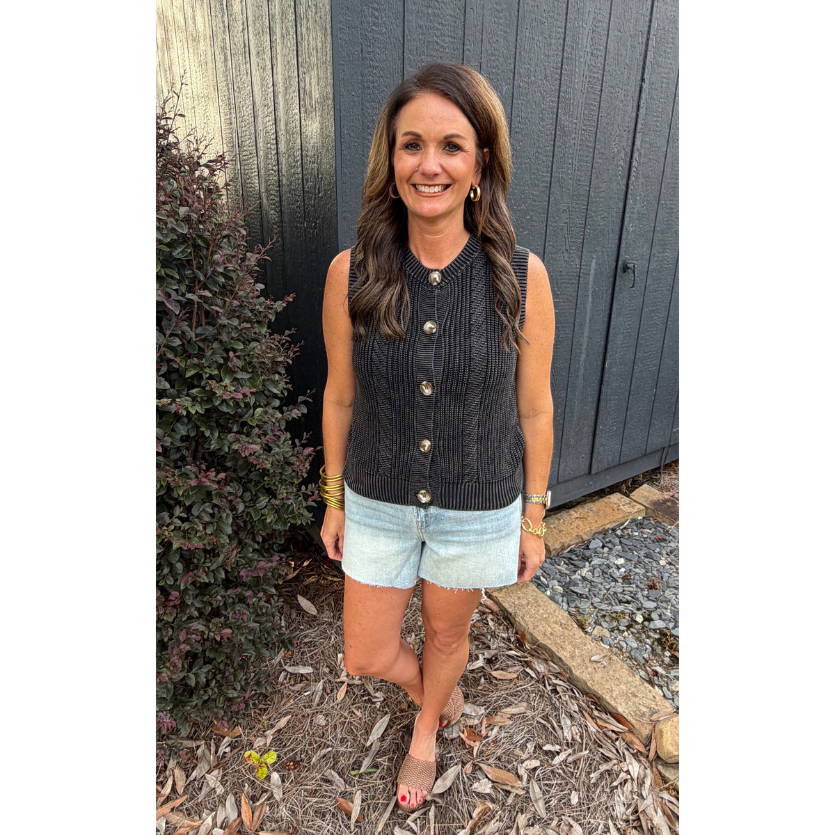 Annie Ks Boutique charcoal mineral-washed cotton sweater vest with button-front detail worn with denim shorts