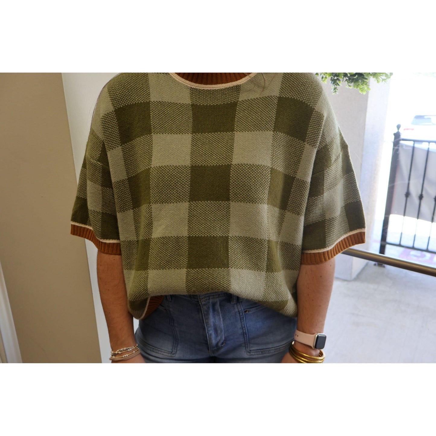 Annie Ks Boutique sage and olive checkered plush knit sweater with drop shoulders and brown trim