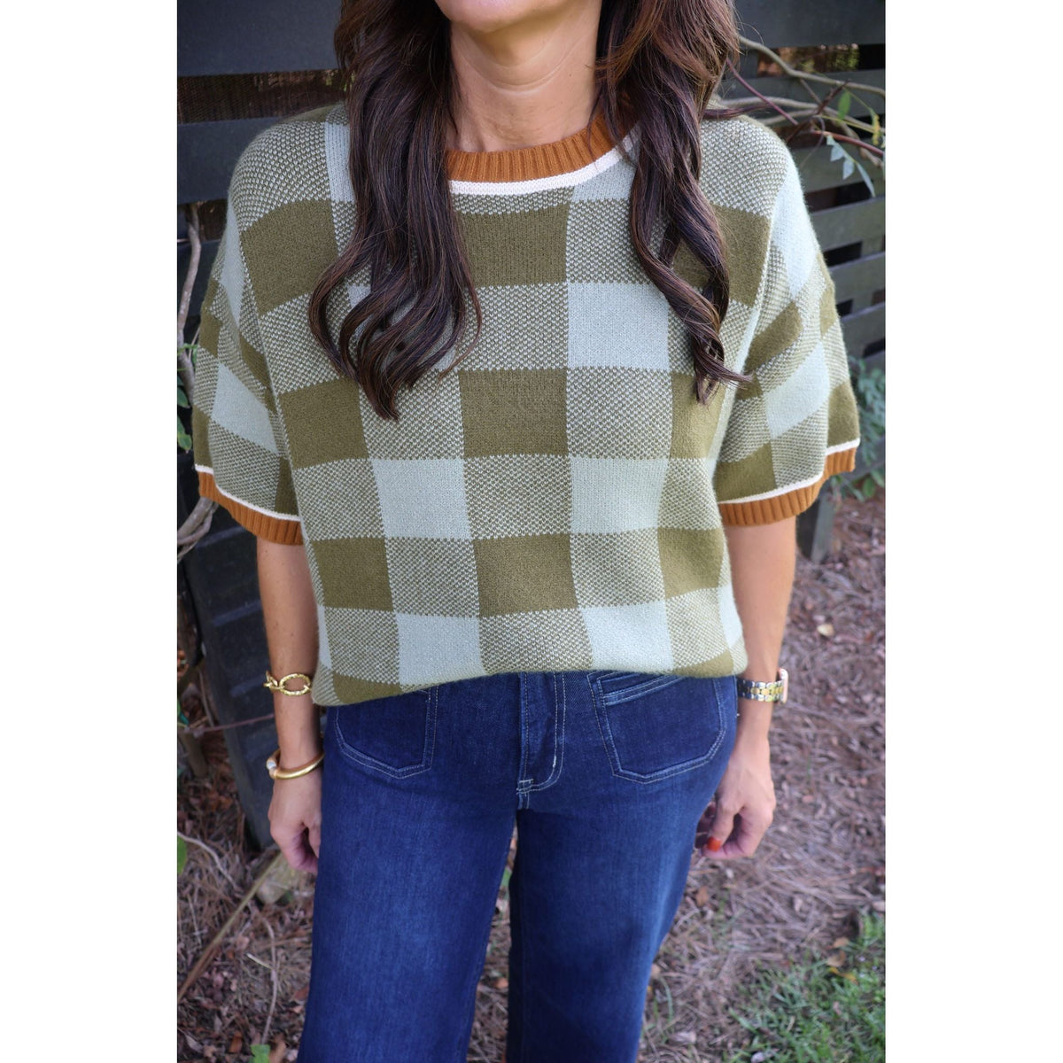 Annie Ks Boutique sage and olive checkered plush knit sweater with drop shoulders worn with dark wash jeans