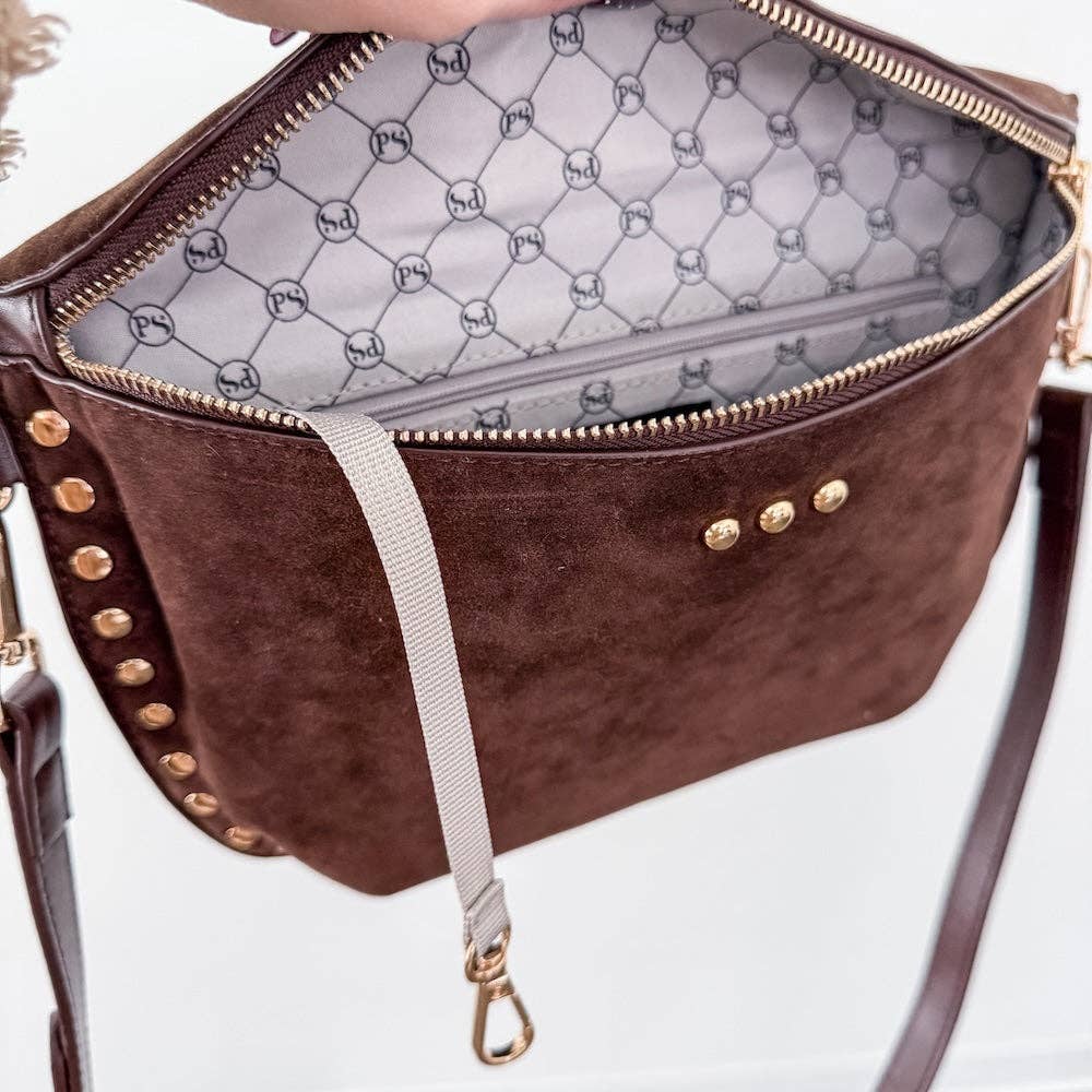 Annie Ks Boutique chocolate vegan suede bum bag featuring gold rivet studs and an internal key leash and zipper pocket