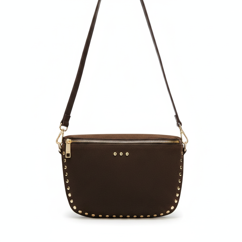 Annie Ks Boutique Sabrina chocolate brown vegan suede bum bag with gold rivet studs and adjustable crossbody strap