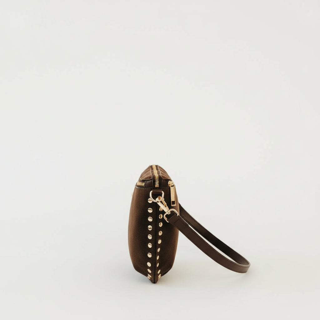Annie Ks Boutique Sabrina chocolate brown vegan suede bum bag with gold stud details, side view