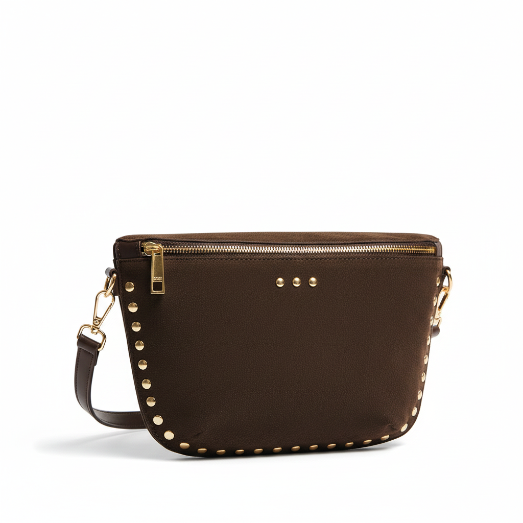 Annie Ks Boutique Sabrina chocolate brown vegan suede bum bag with gold rivet studs and zipper closure