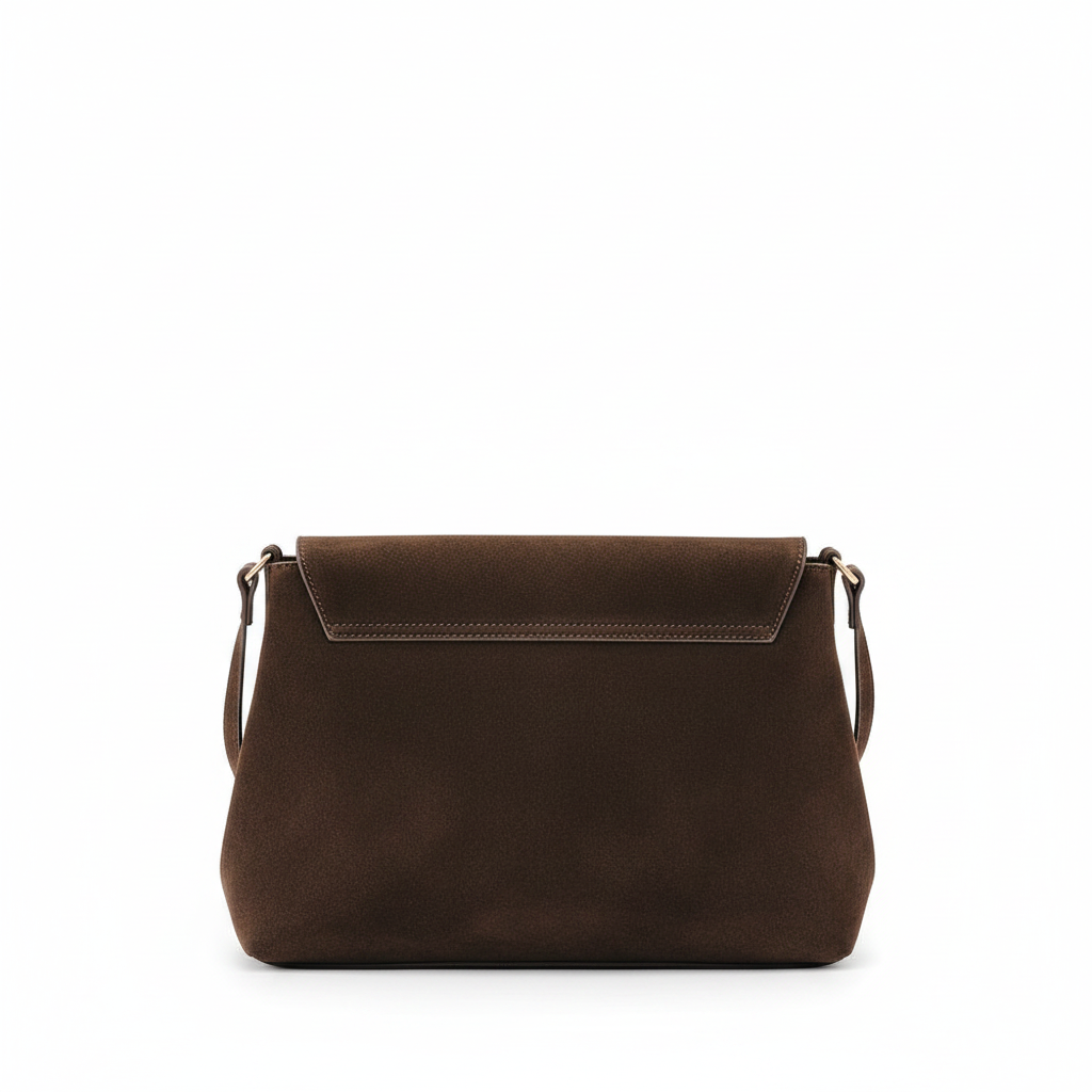 Annie Ks Boutique Miranda chocolate brown faux suede crossbody bag with a secure fold-over flap closure