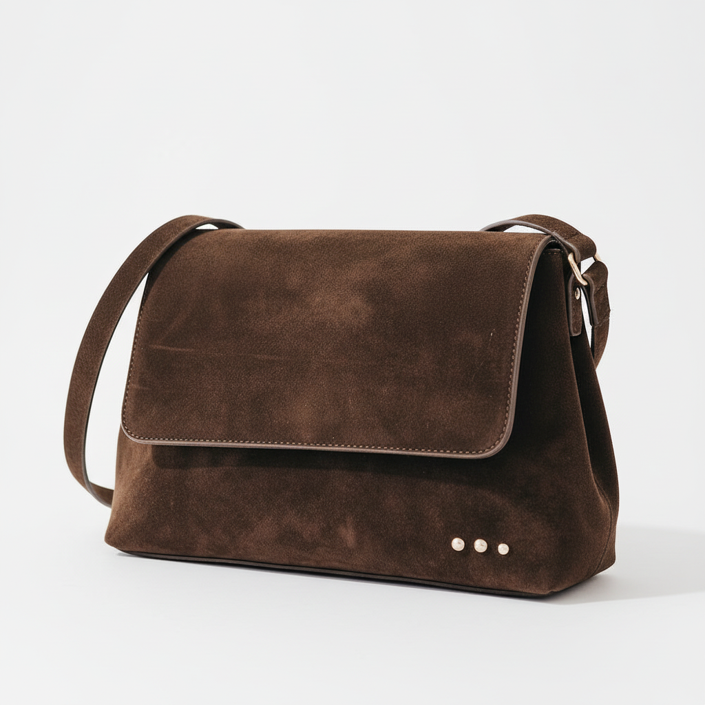 Annie Ks Boutique Miranda chocolate brown faux suede crossbody bag with a secure fold-over flap and adjustable strap.