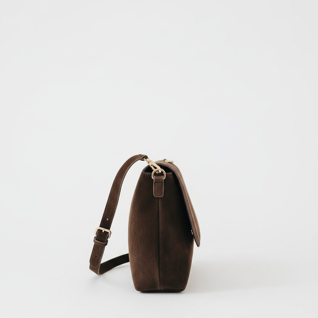 Annie Ks Boutique Miranda chocolate brown faux suede crossbody bag with adjustable strap and flap closure, side view