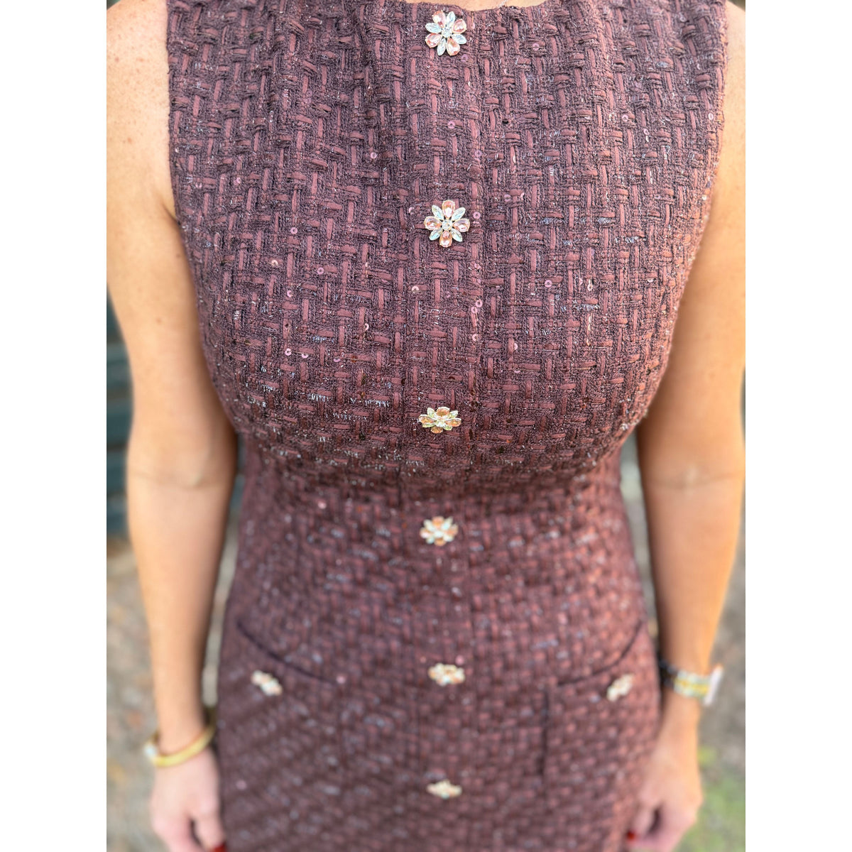 Annie Ks Boutique chocolate brown woven tweed sleeveless dress with sparkling sequin accents and floral jewel buttons.