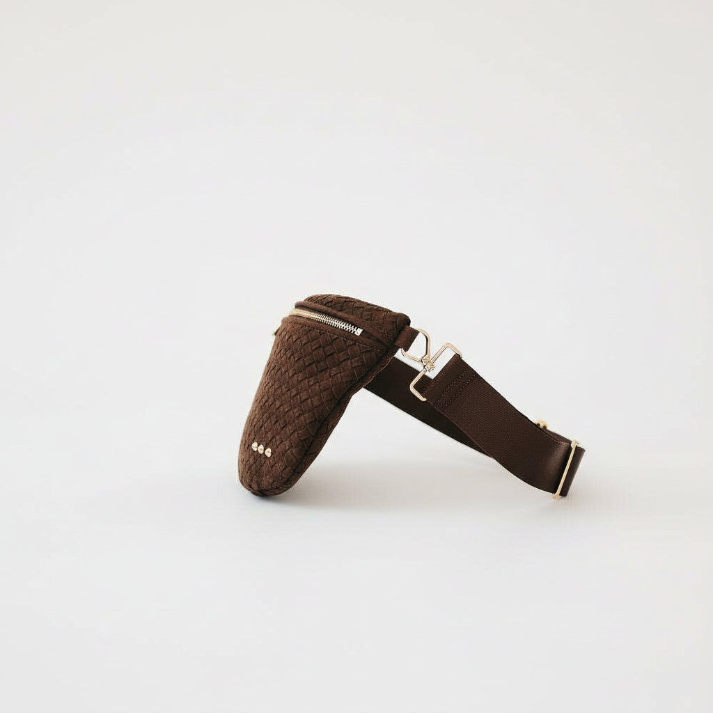 Annie Ks Boutique Westlyn woven bum bag in chocolate vegan suede with adjustable strap and zip closure