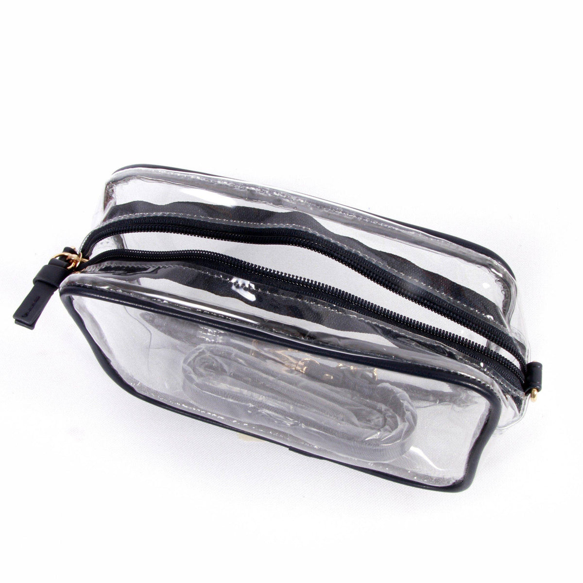 Annie Ks Boutique stadium-approved clear PVC crossbody purse with black vegan leather trim and zip-top closure