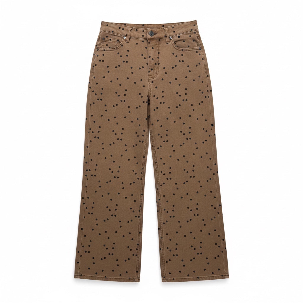 Annie Ks Boutique cocoa brown cotton barrel pants with black polka dot pattern and a relaxed tapered leg fit.