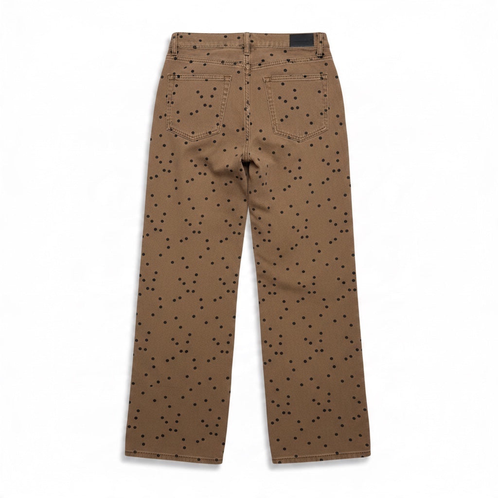 Annie Ks Boutique cocoa brown cotton barrel pants with black polka dot pattern, back view with pockets.