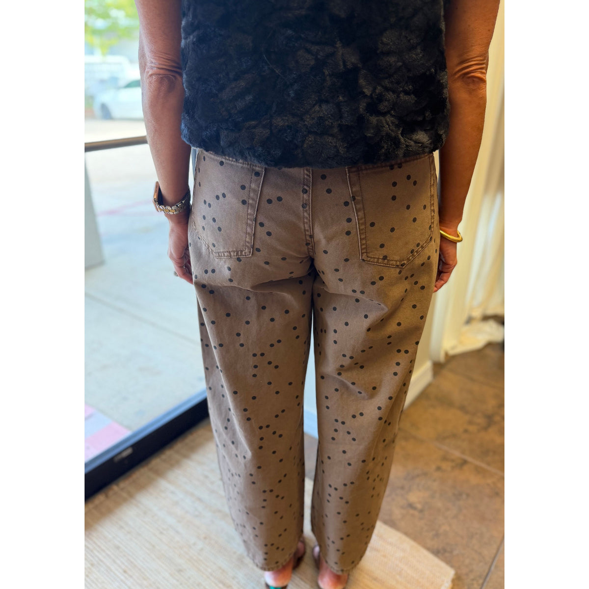 Annie Ks Boutique cocoa brown barrel pants with black polka dots, featuring a relaxed fit and back pocket detail.