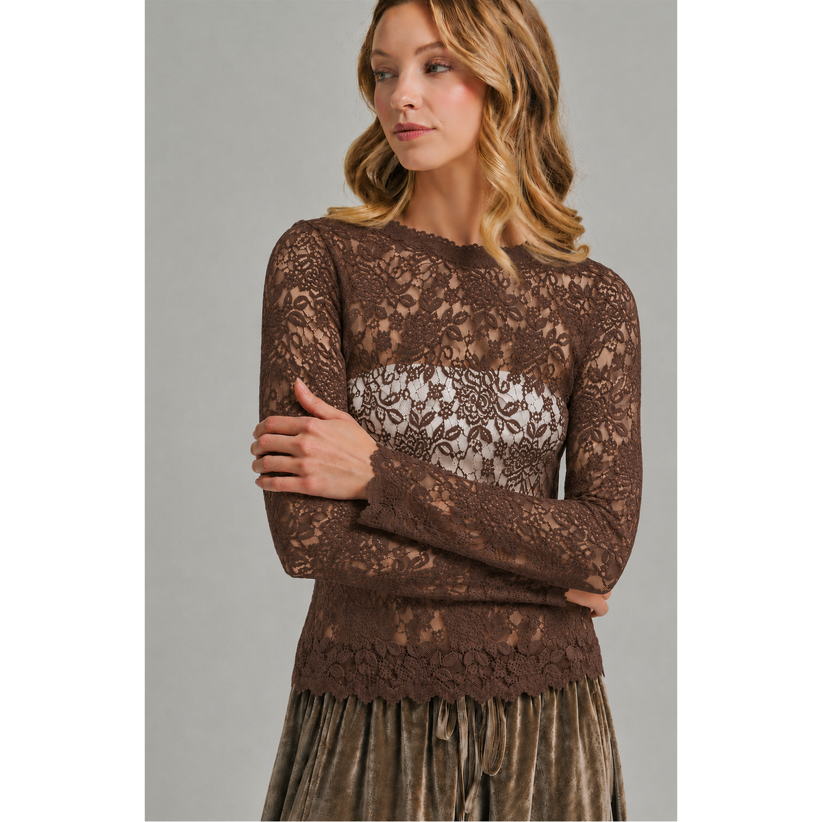 Annie Ks Boutique coffee brown stretch lace long sleeve layering top with scalloped edges worn by a blonde model