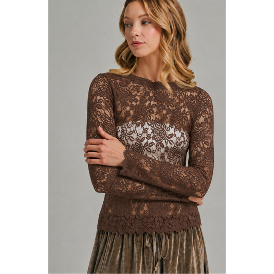 Annie Ks Boutique coffee brown stretch lace long sleeve layering top with scalloped edges worn by a blonde model