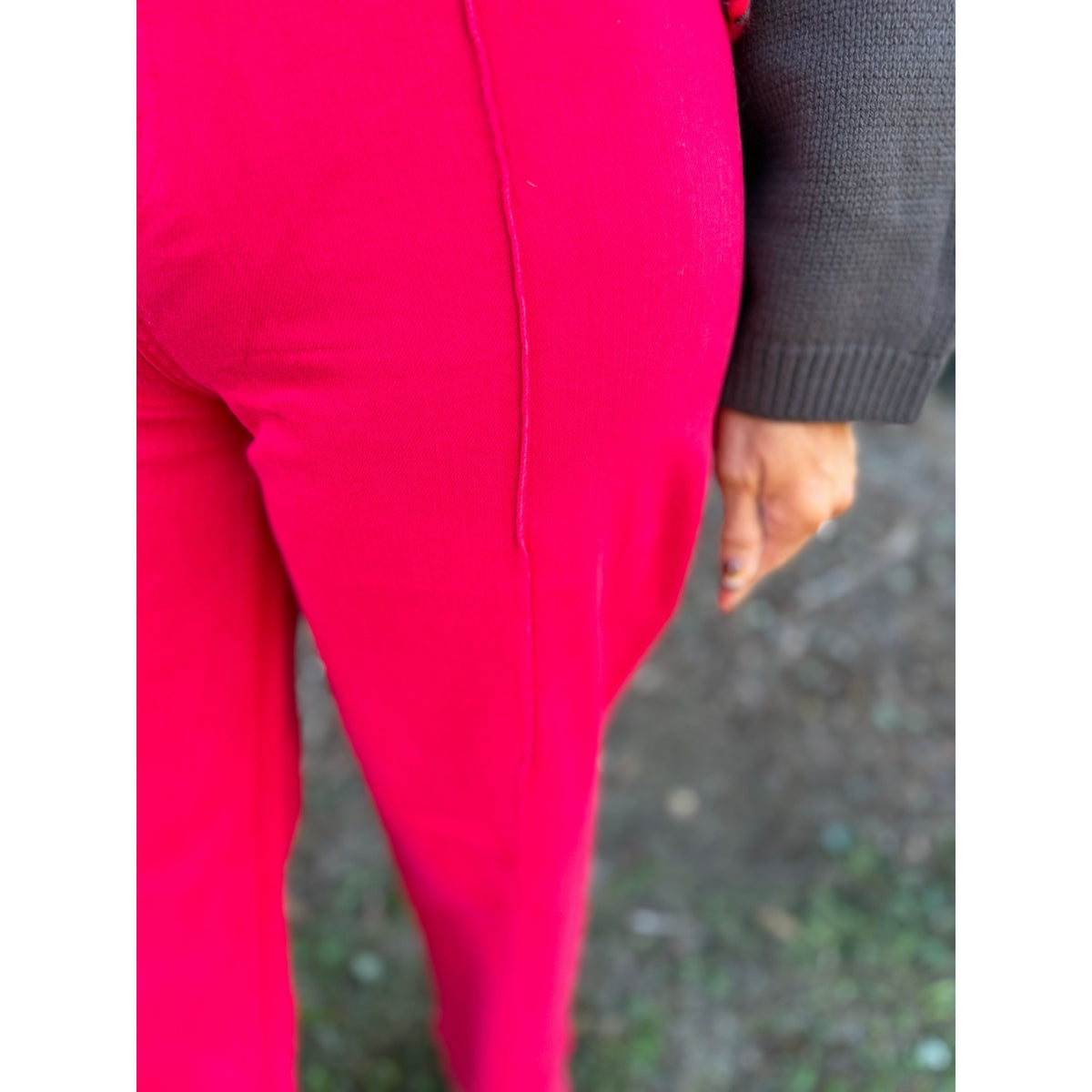 Annie Ks Boutique Cornell Red high-waisted wide-leg stretch cotton pants with a tailored seam detail