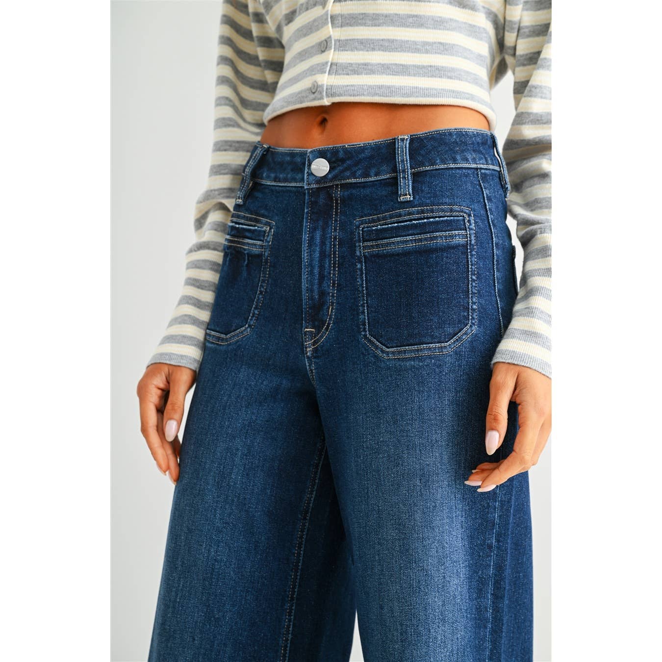 Annie Ks Boutique dark wash high-rise wide leg crop jeans with front patch pockets and a comfortable cotton blend