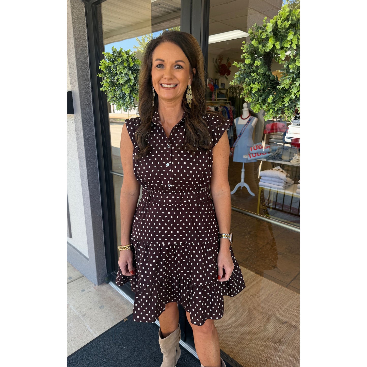 Annie Ks Boutique espresso brown cotton shirt dress with white polka dots, tiered skirt, and cap sleeves.