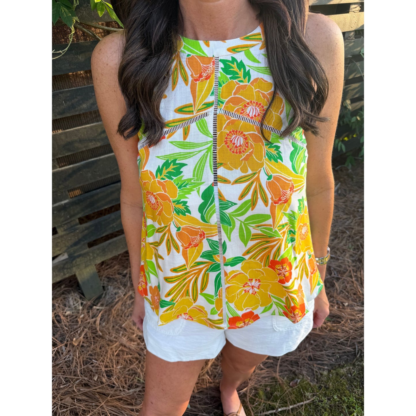 Annie Ks Boutique Island Sun linen halter top featuring a vibrant yellow and green floral print with lace inset detail.