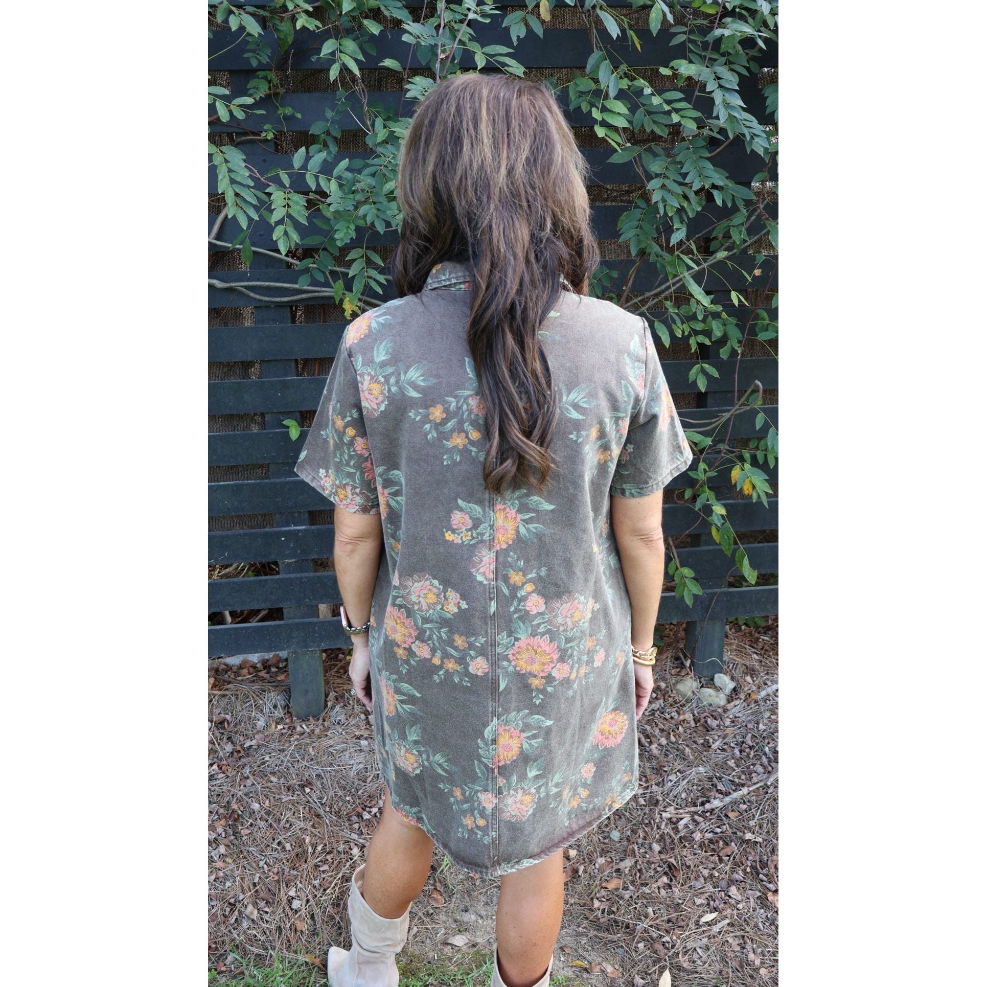 Annie Ks Boutique vintage wash floral shirt dress with short sleeves and a relaxed fit, back view.