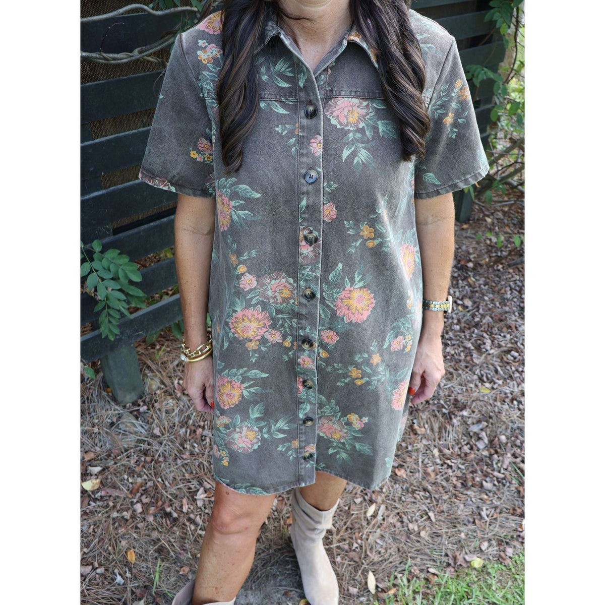 Annie Ks Boutique vintage wash floral shirt dress with collar, button-down front, and short sleeves on a model.