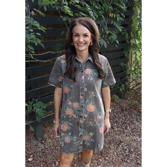 Annie Ks Boutique vintage wash floral shirt dress with collar, button-down front, and short sleeves on a woman