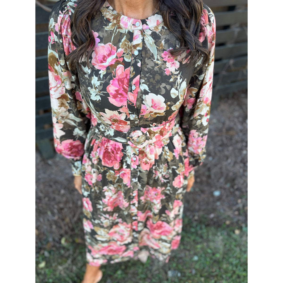 Annie Ks Boutique forest green maxi dress with pink floral print, button-down front, and belted waist detail.