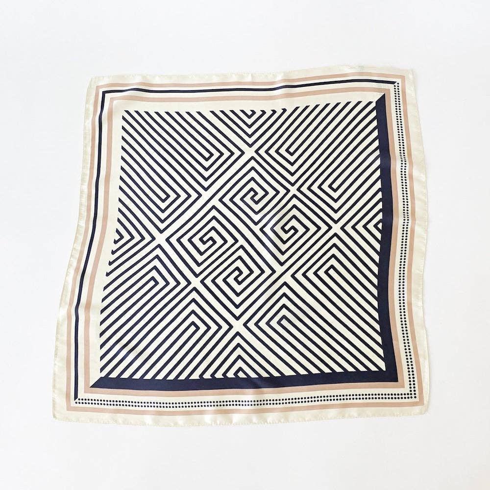 Annie Ks Boutique Alice square scarf featuring a modern black and cream geometric line pattern on soft woven fabric.