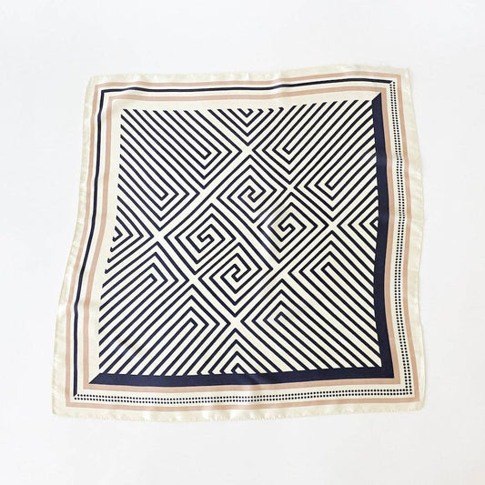 Annie Ks Boutique Alice square scarf featuring a modern black and cream geometric line pattern on soft woven fabric.