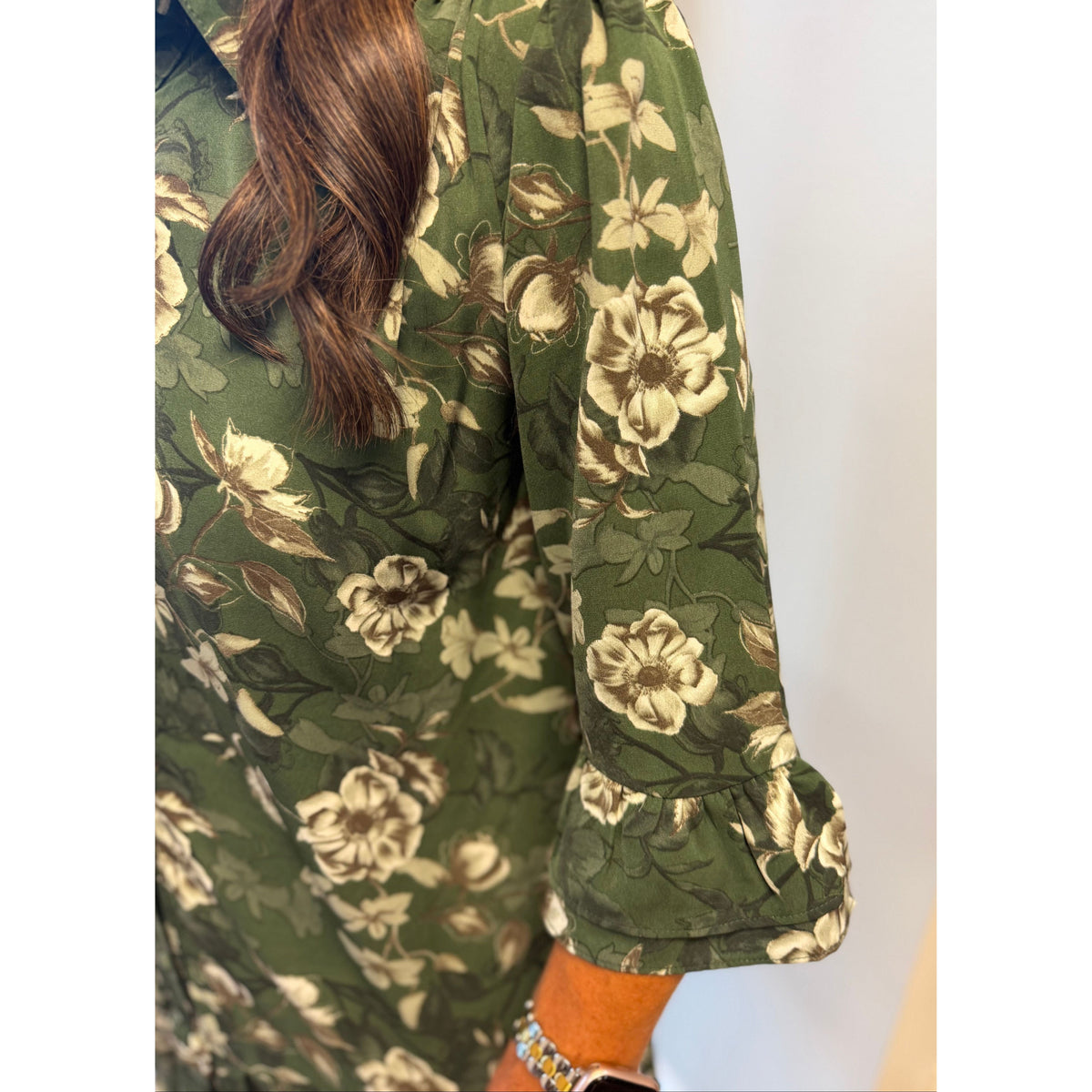 Annie Ks Boutique green floral mini dress with ruffle-hem sleeves and lightweight woven fabric