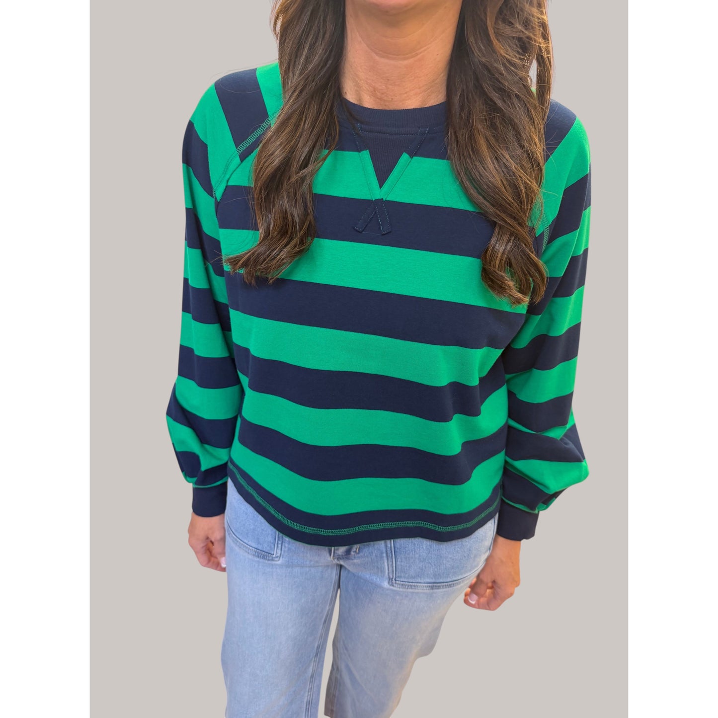 Annie Ks Boutique green and navy striped cotton blend top with raglan sleeves and a contrast yoke panel