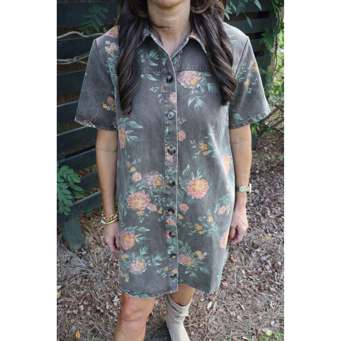 Annie Ks Boutique vintage wash grey floral shirt dress with a collared button-down front and short sleeves.