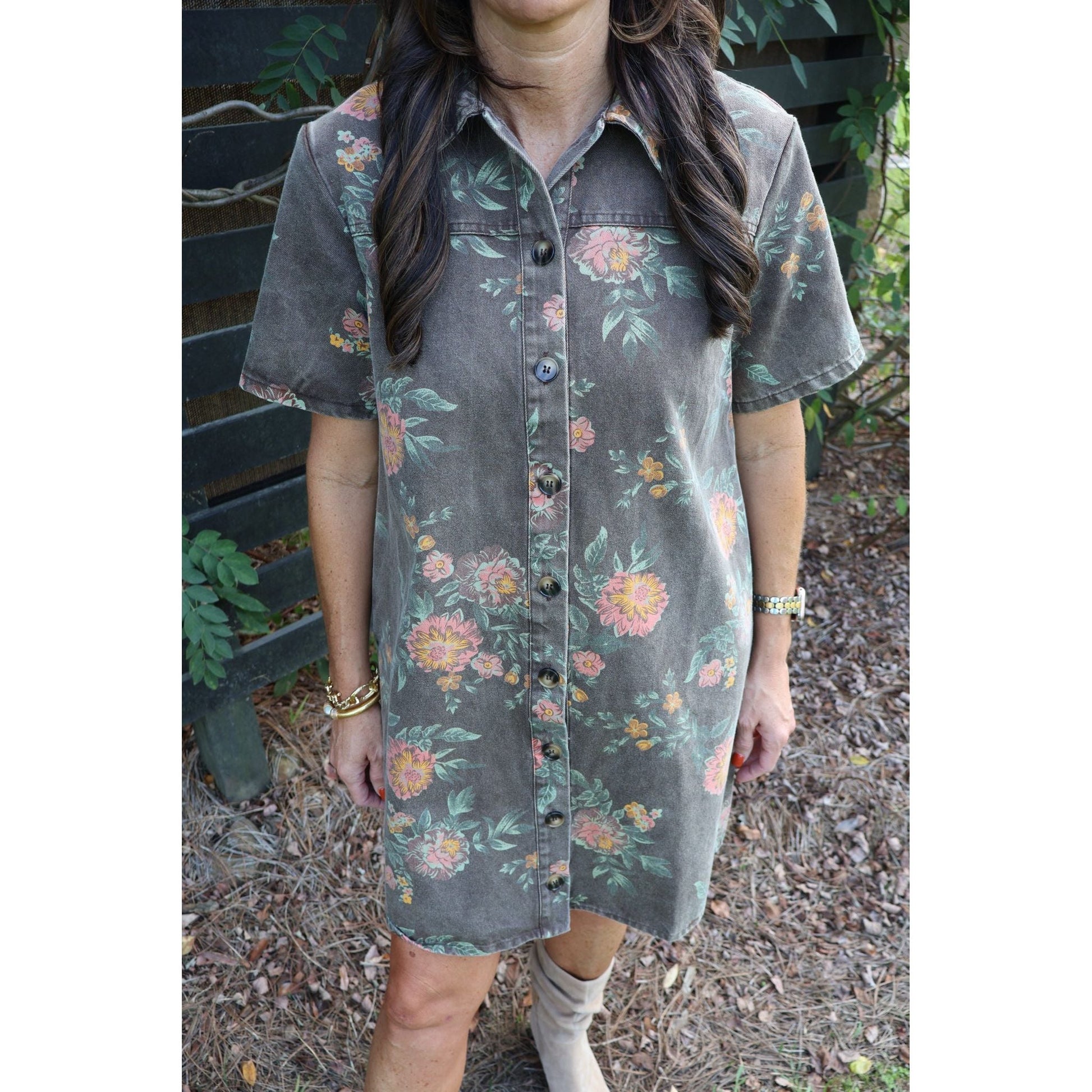 Annie Ks Boutique vintage wash grey floral shirt dress with a collared button-down front and short sleeves.