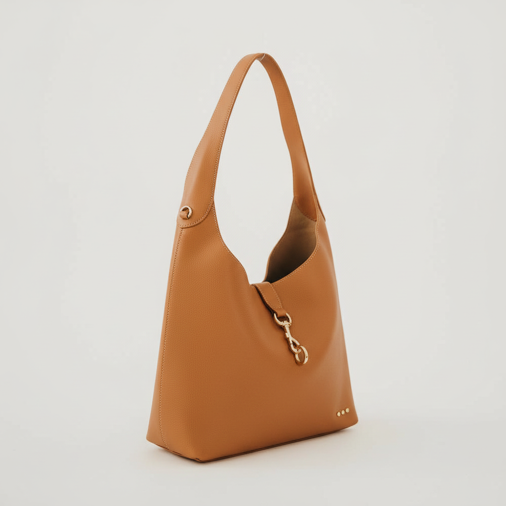Annie Ks Boutique brown vegan leather Haddie Hobo tote bag with gold hardware clasp and shoulder strap