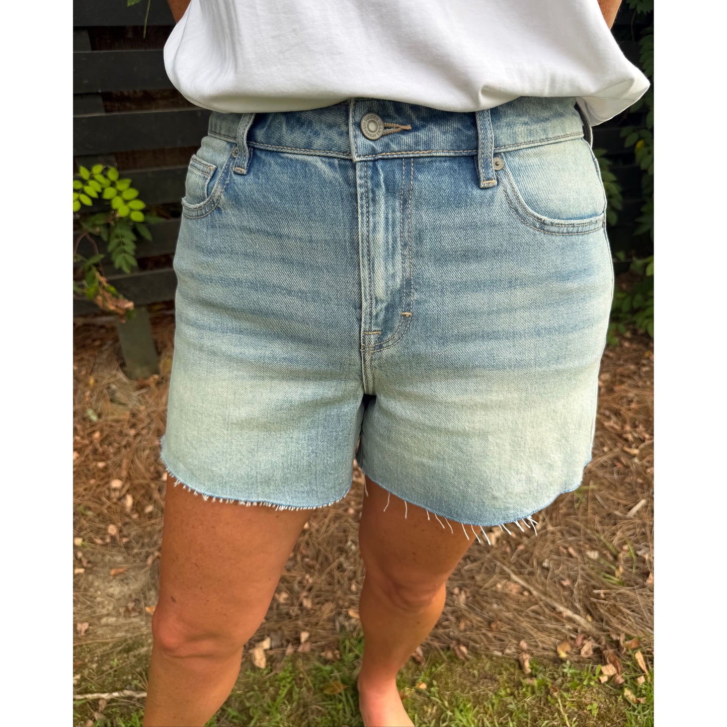 Annie Ks Boutique high-rise denim shorts in a light vintage wash with a raw hem, styled with a white tee.