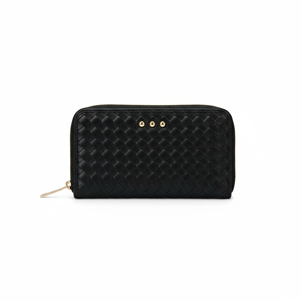Annie Ks Boutique Lenni large black woven vegan leather zip-around wallet with gold stud accents