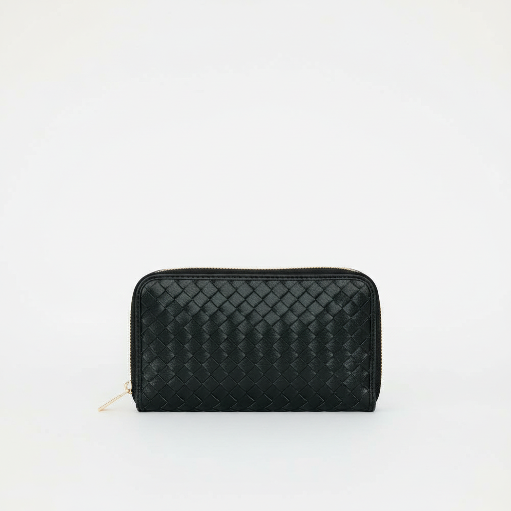 Annie Ks Boutique Lenni large zip-around wallet in black woven vegan leather with a textured finish.